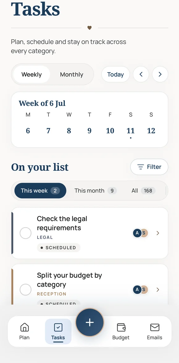 The PlanJolly Tasks screen: the shared to-do list with tasks assigned to each partner