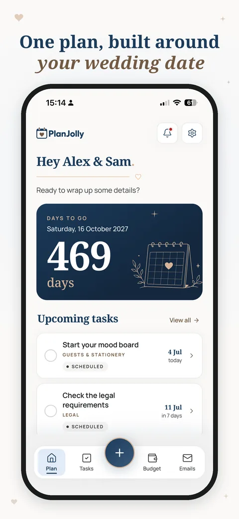 PlanJolly plan screen with the days-to-go countdown and upcoming tasks