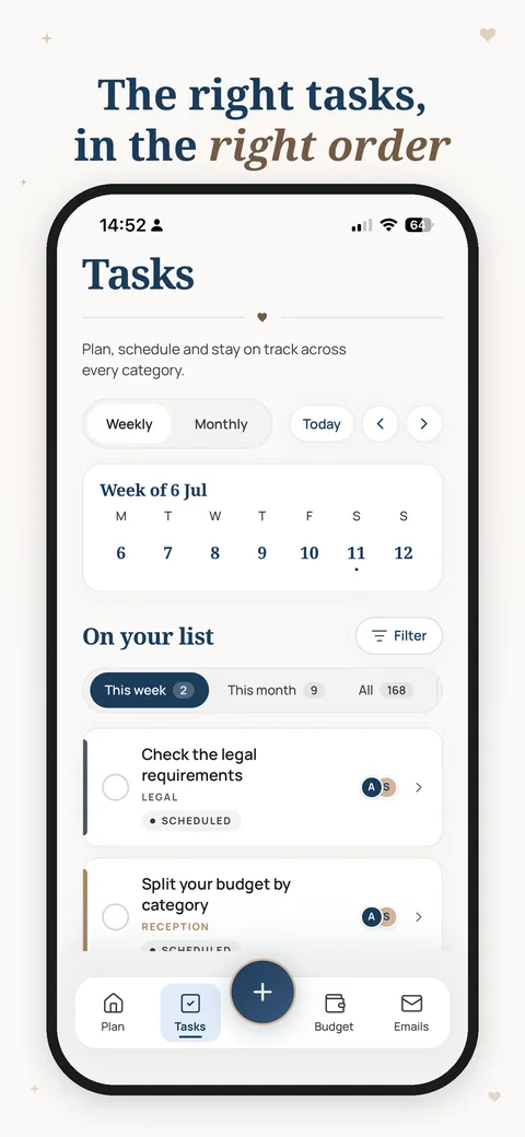 PlanJolly tasks screen showing this week's tasks