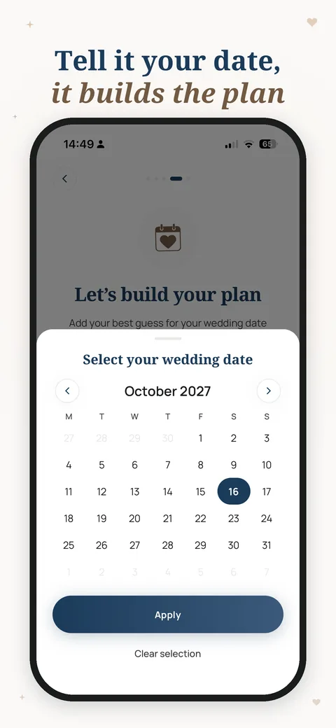 PlanJolly setup: selecting the wedding date